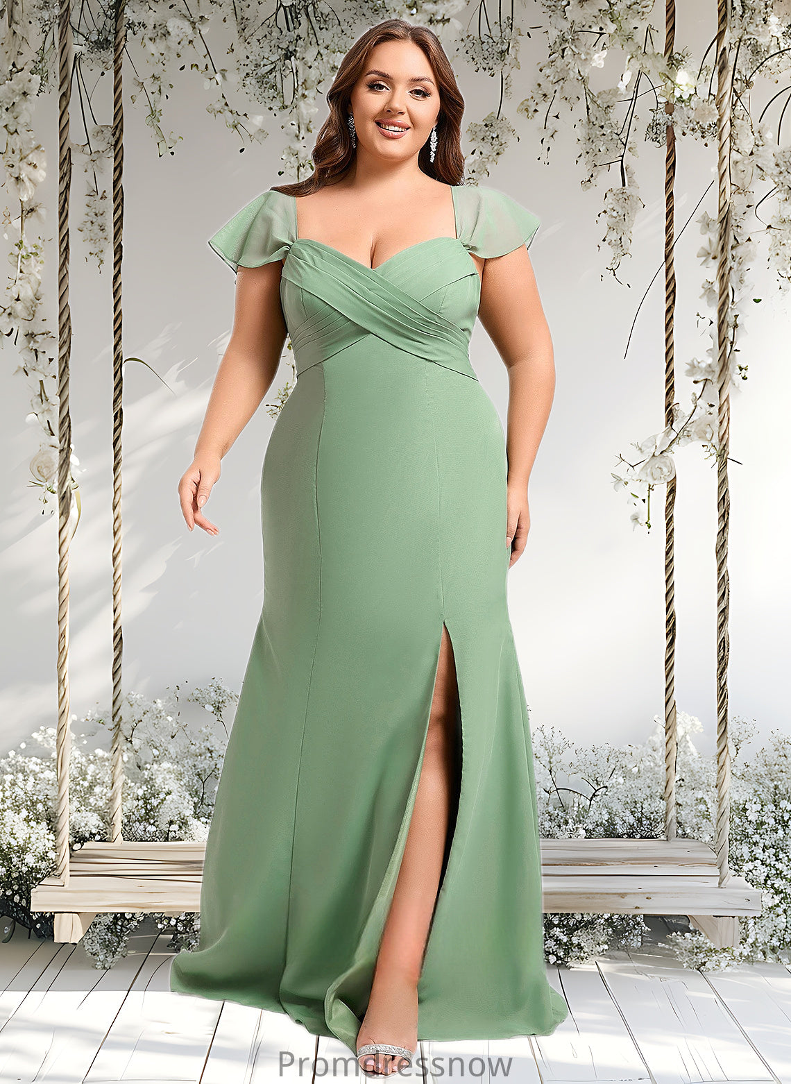 Maud Trumpet/Mermaid Off the Shoulder V-Neck Floor-Length Chiffon Bridesmaid Dress HPP0025810