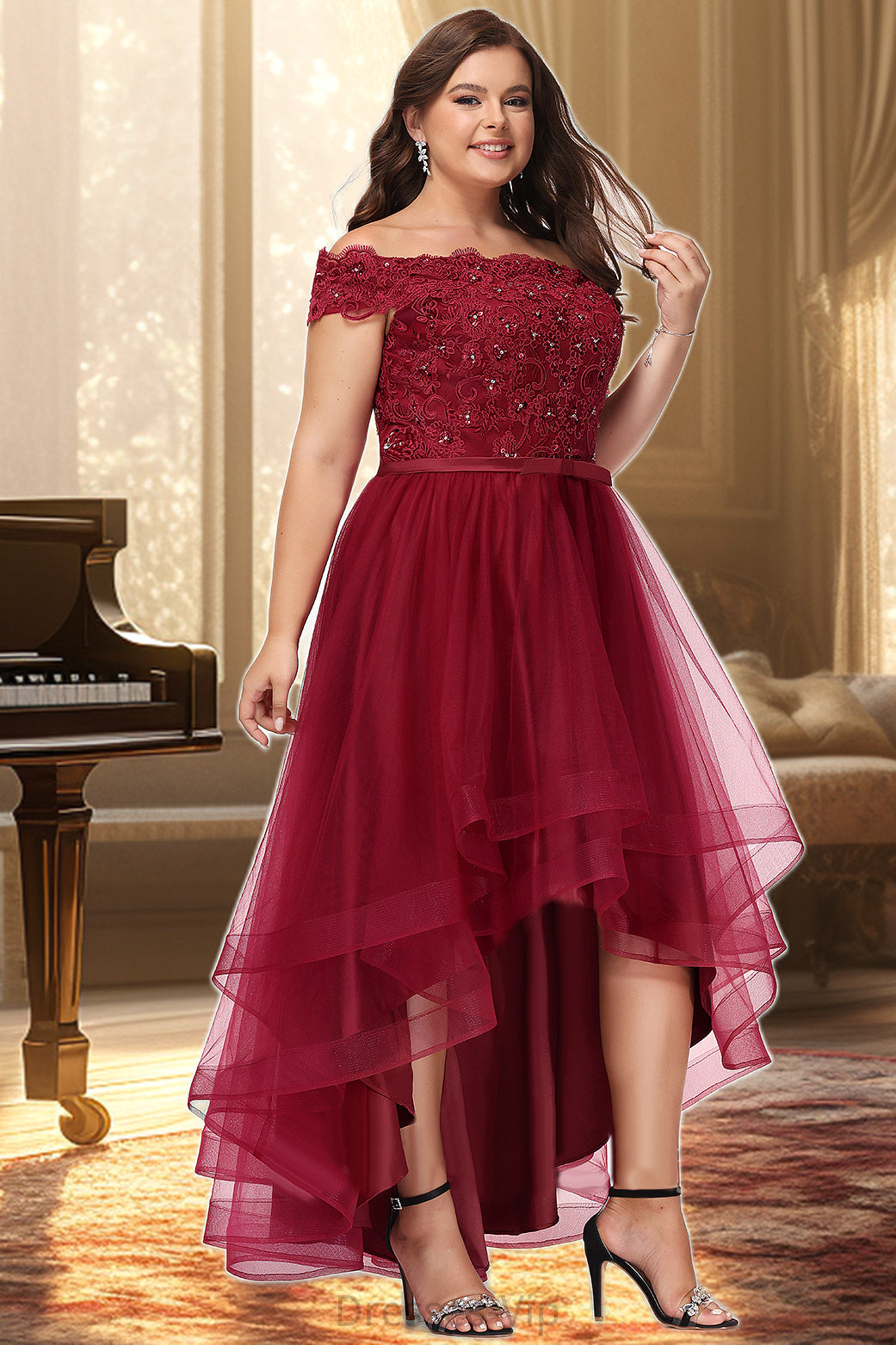 Willow A-line Off the Shoulder Asymmetrical Lace Tulle Homecoming Dress With Beading Bow Sequins HPP0020535