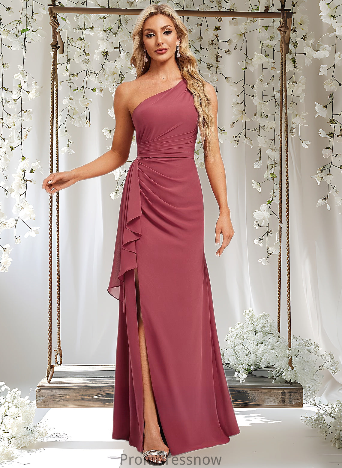 Angela A-line One Shoulder Floor-Length Chiffon Bridesmaid Dress With Ruffle HPP0025824