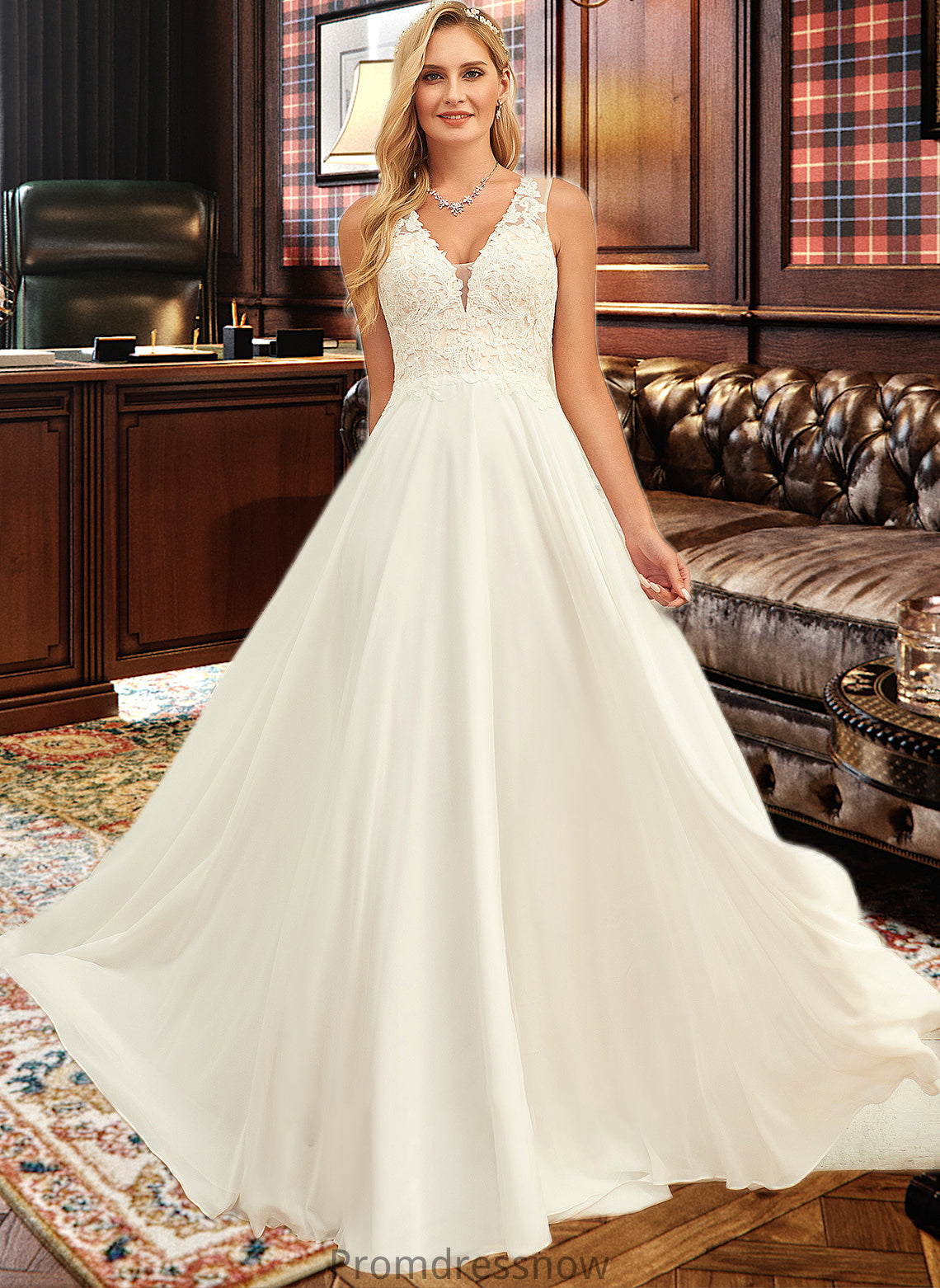 Maren A-Line V-neck Sweep Train Chiffon Lace Wedding Dress With Lace HPP0013677