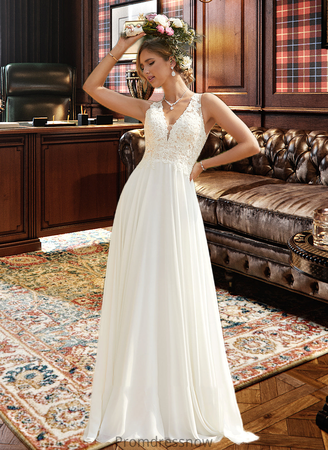 Maren A-Line V-neck Sweep Train Chiffon Lace Wedding Dress With Lace HPP0013677