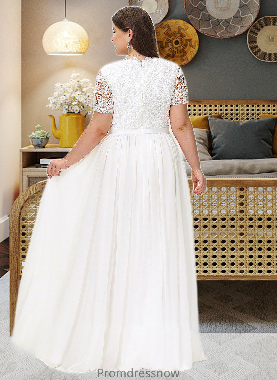 Joy A-Line V-neck Floor-Length Chiffon Lace Wedding Dress HPP0013678