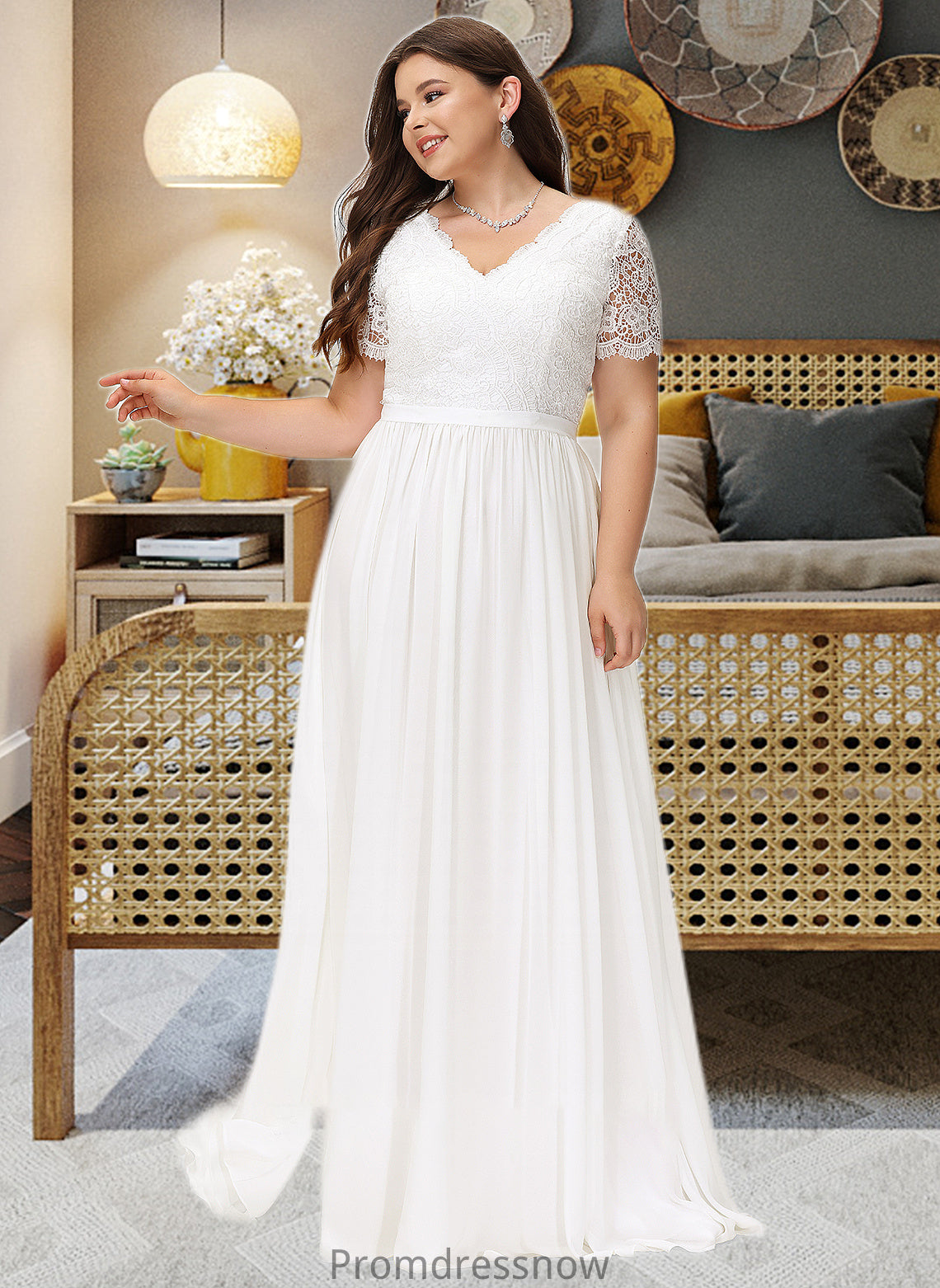 Joy A-Line V-neck Floor-Length Chiffon Lace Wedding Dress HPP0013678