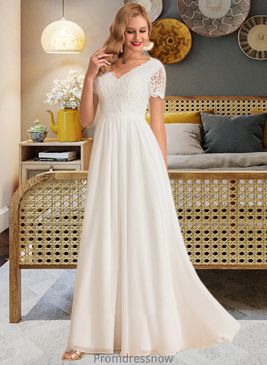 Joy A-Line V-neck Floor-Length Chiffon Lace Wedding Dress HPP0013678