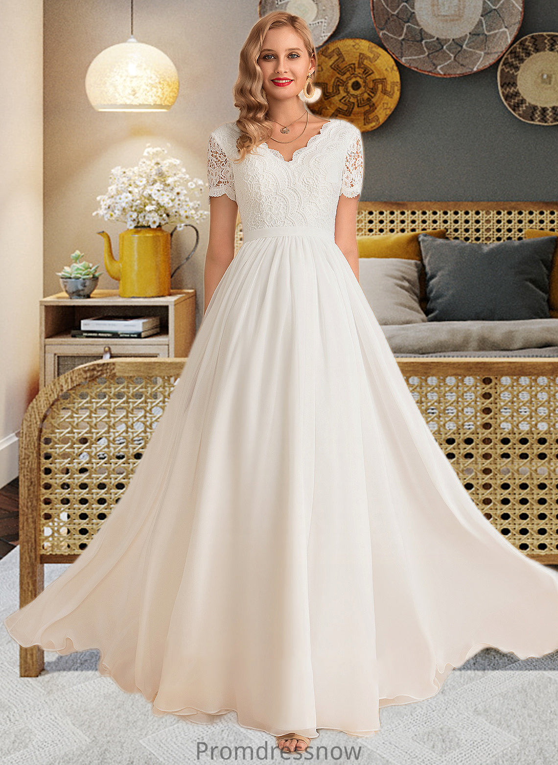 Joy A-Line V-neck Floor-Length Chiffon Lace Wedding Dress HPP0013678