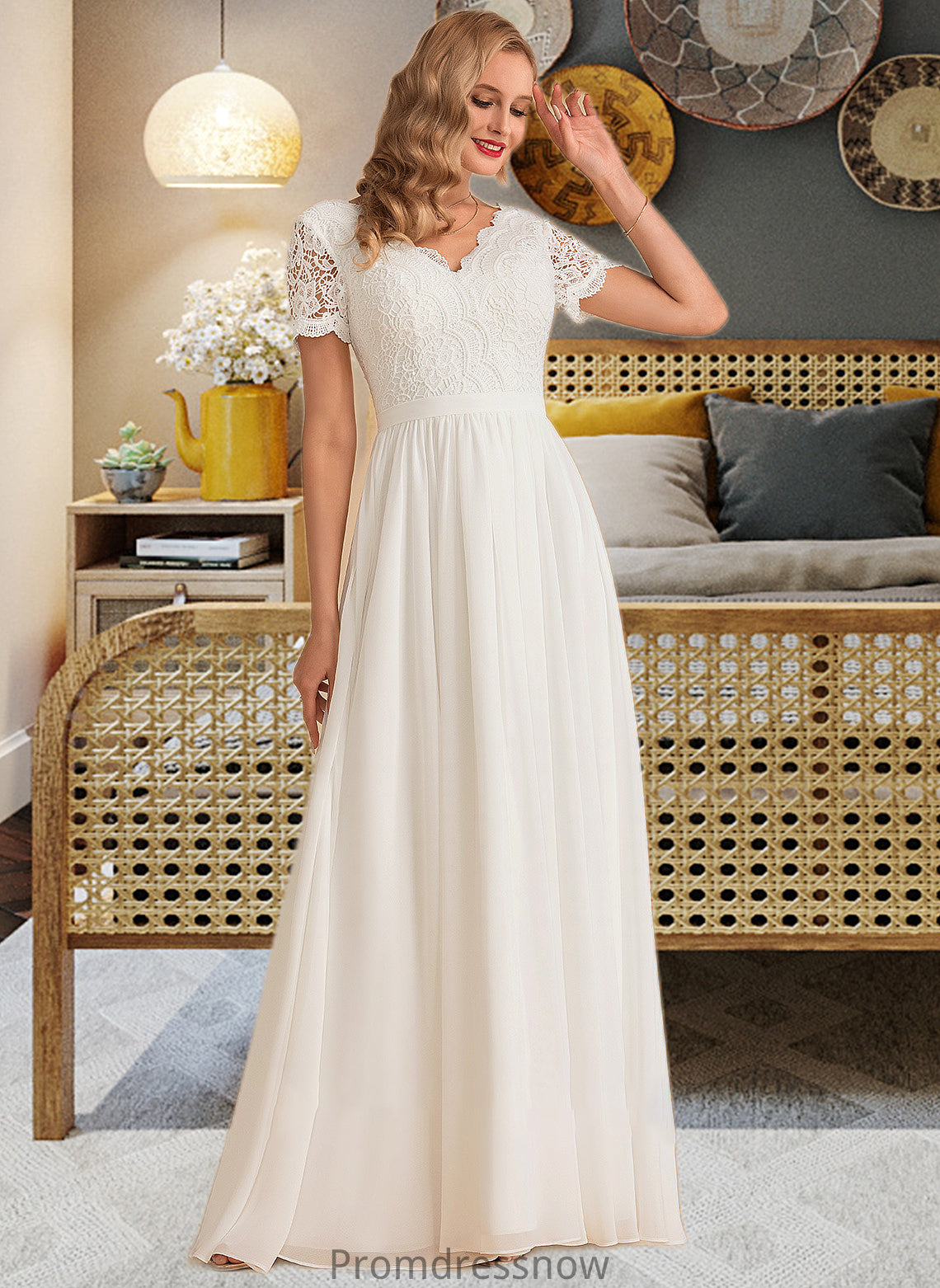 Joy A-Line V-neck Floor-Length Chiffon Lace Wedding Dress HPP0013678