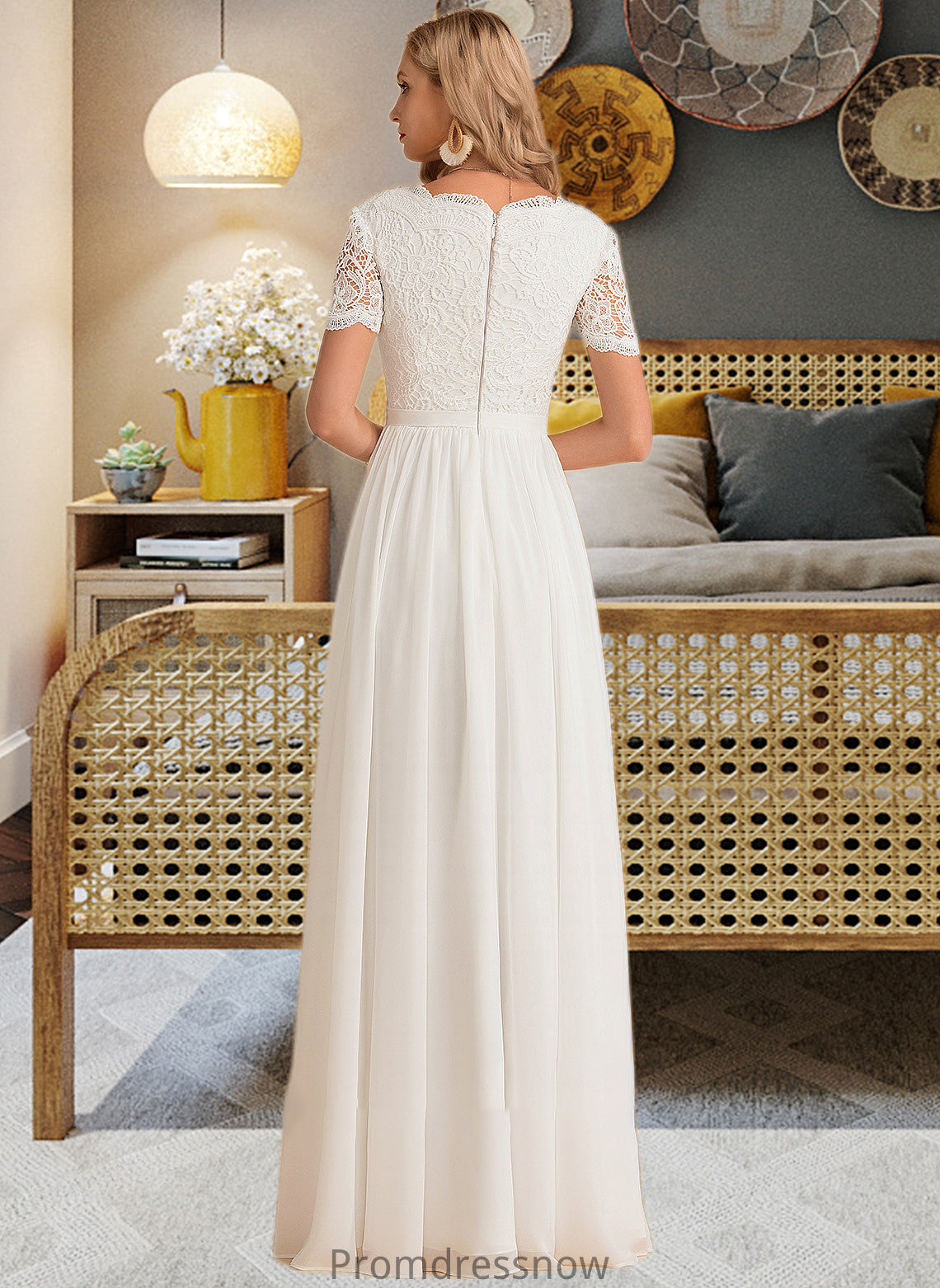 Joy A-Line V-neck Floor-Length Chiffon Lace Wedding Dress HPP0013678