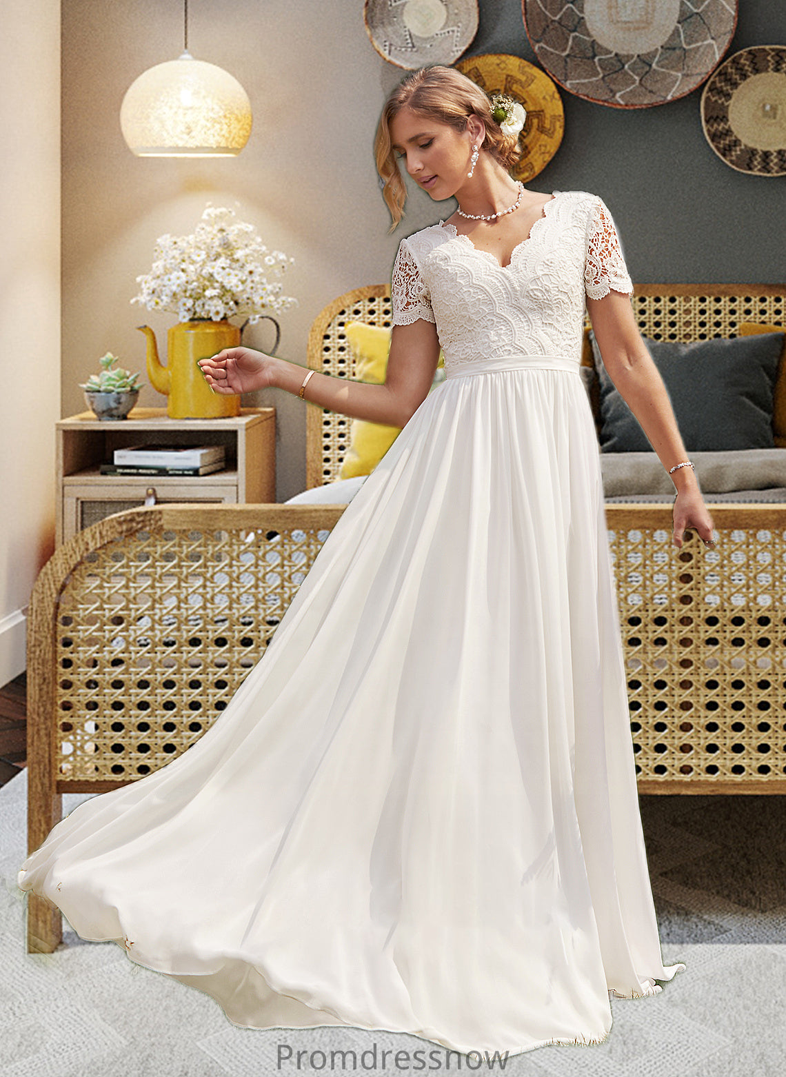 Joy A-Line V-neck Floor-Length Chiffon Lace Wedding Dress HPP0013678