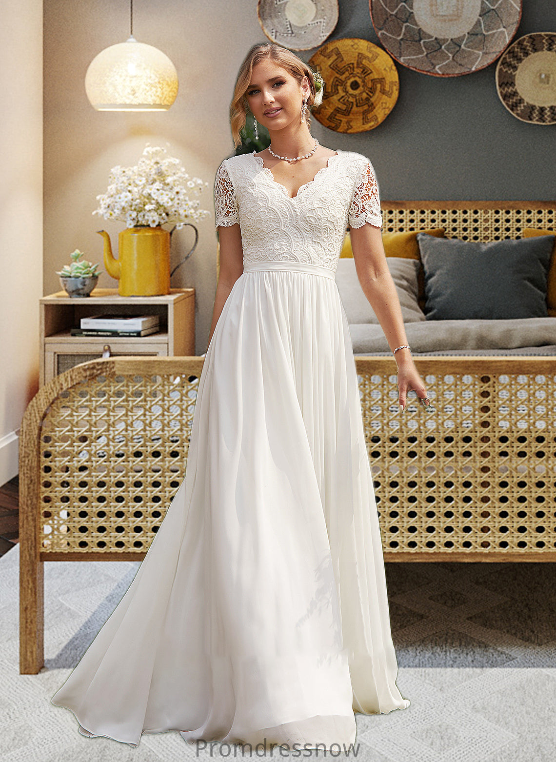 Joy A-Line V-neck Floor-Length Chiffon Lace Wedding Dress HPP0013678