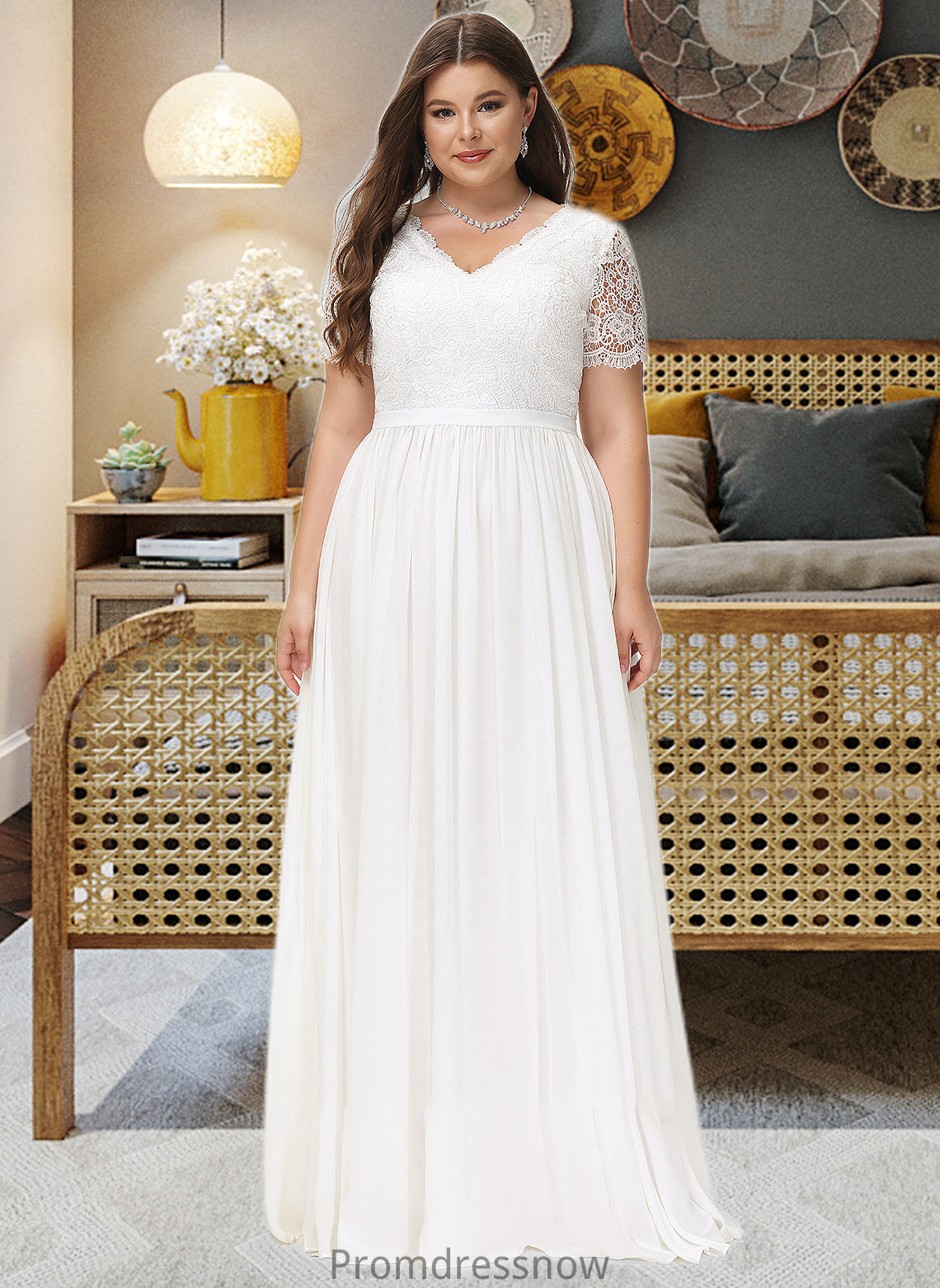 Joy A-Line V-neck Floor-Length Chiffon Lace Wedding Dress HPP0013678