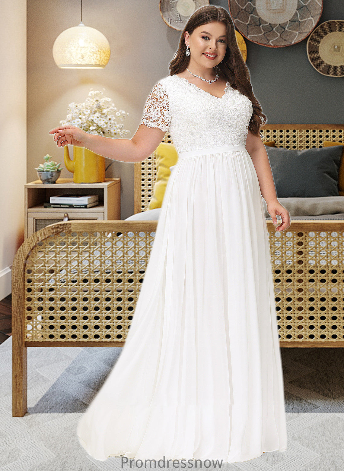 Joy A-Line V-neck Floor-Length Chiffon Lace Wedding Dress HPP0013678