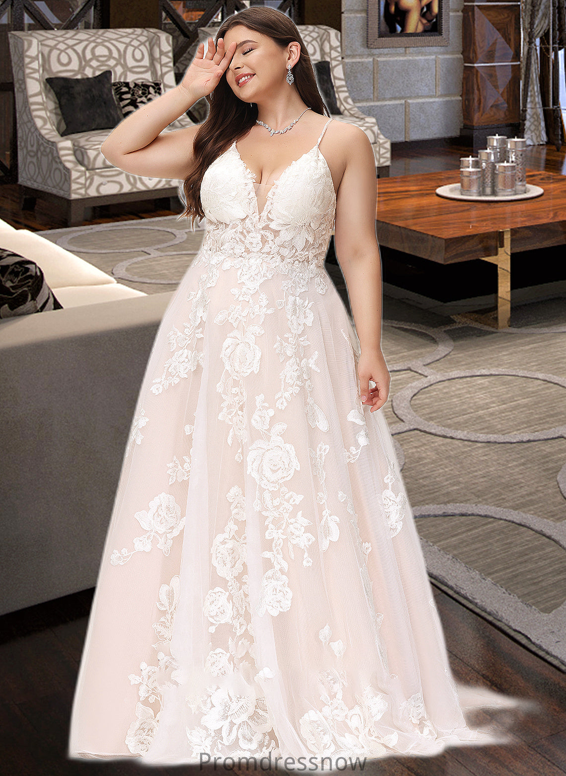 Meredith Ball-Gown/Princess V-neck Court Train Tulle Lace Wedding Dress With Beading Pockets HPP0013679