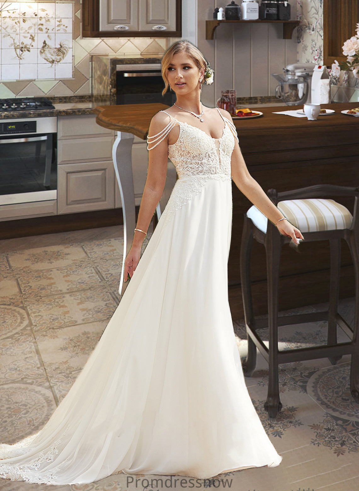 Rayna A-Line V-neck Sweep Train Chiffon Lace Wedding Dress With Beading Sequins HPP0013681