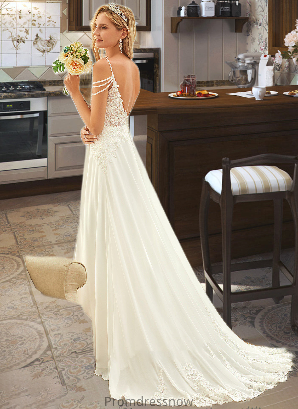 Rayna A-Line V-neck Sweep Train Chiffon Lace Wedding Dress With Beading Sequins HPP0013681