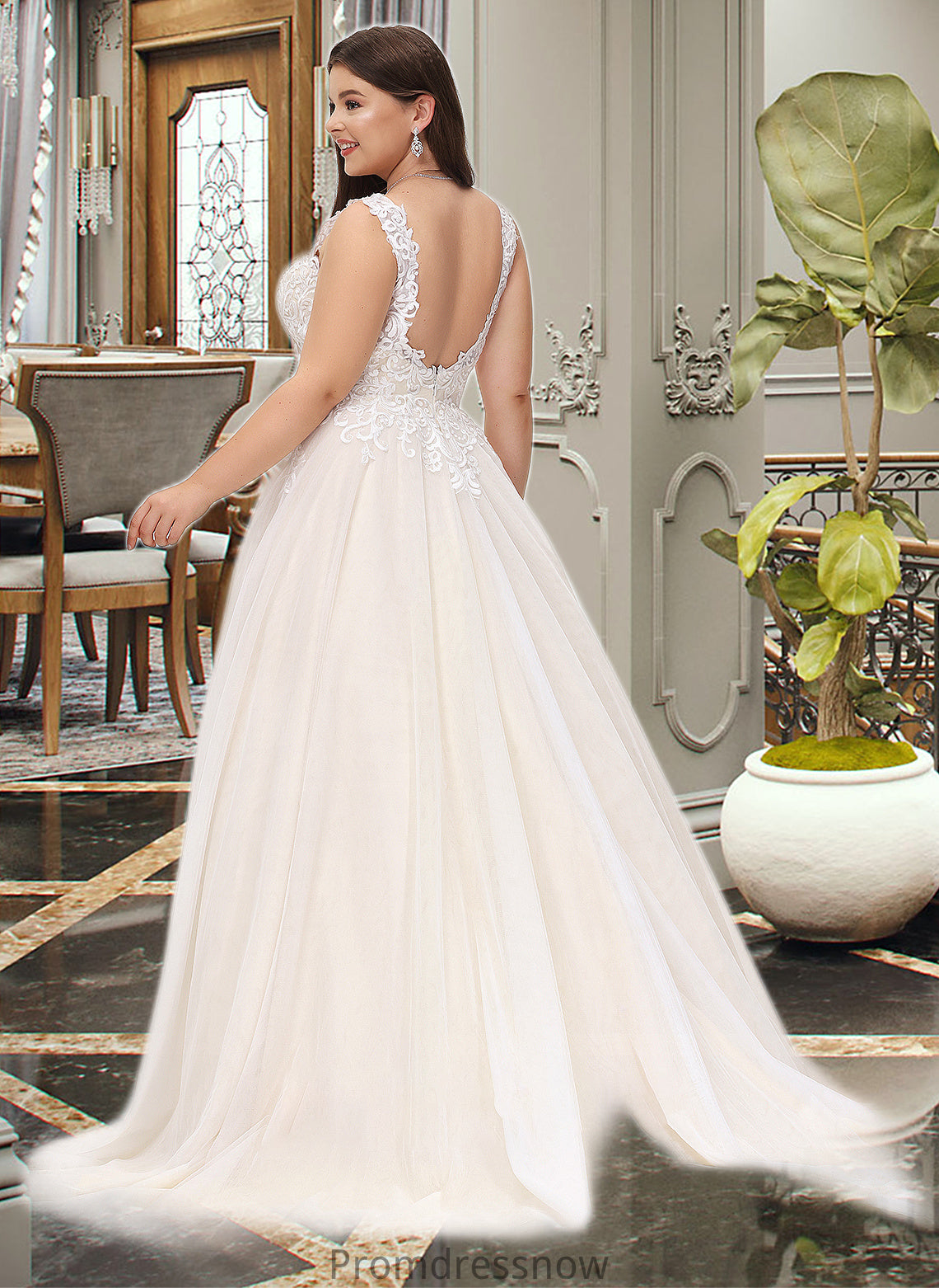 Jaylin Ball-Gown/Princess V-neck Court Train Tulle Wedding Dress HPP0013682