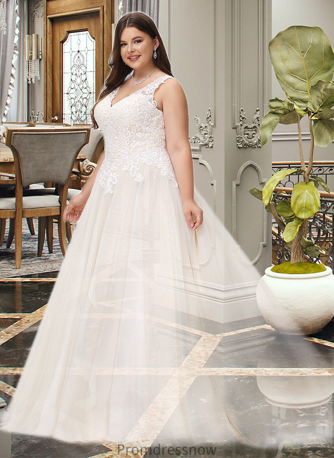 Jaylin Ball-Gown/Princess V-neck Court Train Tulle Wedding Dress HPP0013682