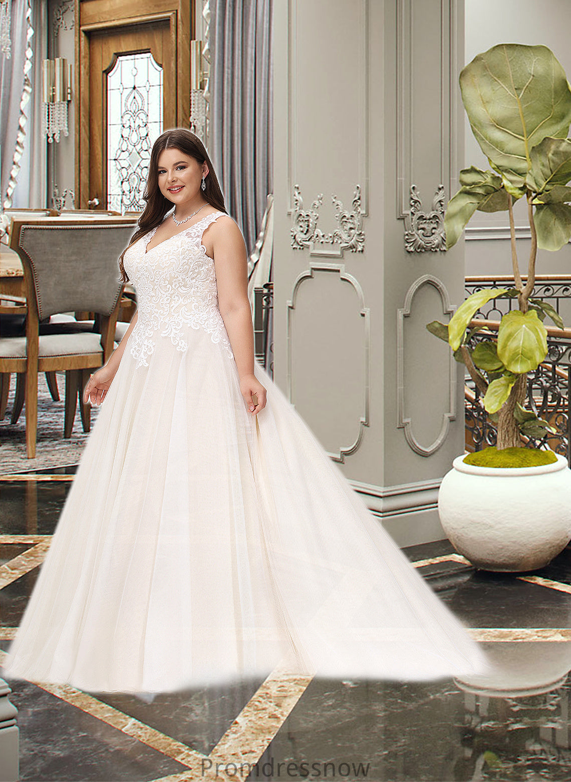 Jaylin Ball-Gown/Princess V-neck Court Train Tulle Wedding Dress HPP0013682