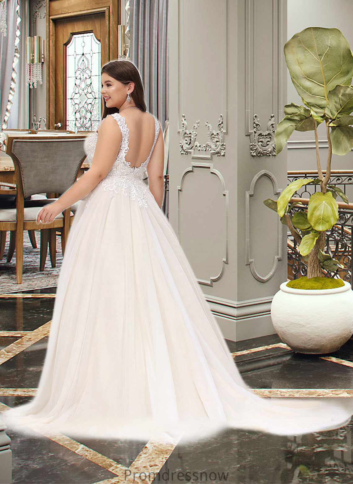 Jaylin Ball-Gown/Princess V-neck Court Train Tulle Wedding Dress HPP0013682