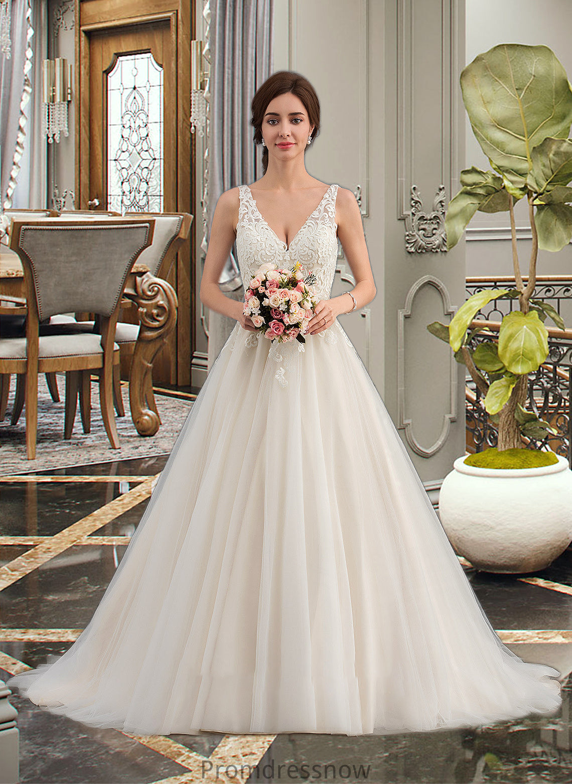 Jaylin Ball-Gown/Princess V-neck Court Train Tulle Wedding Dress HPP0013682