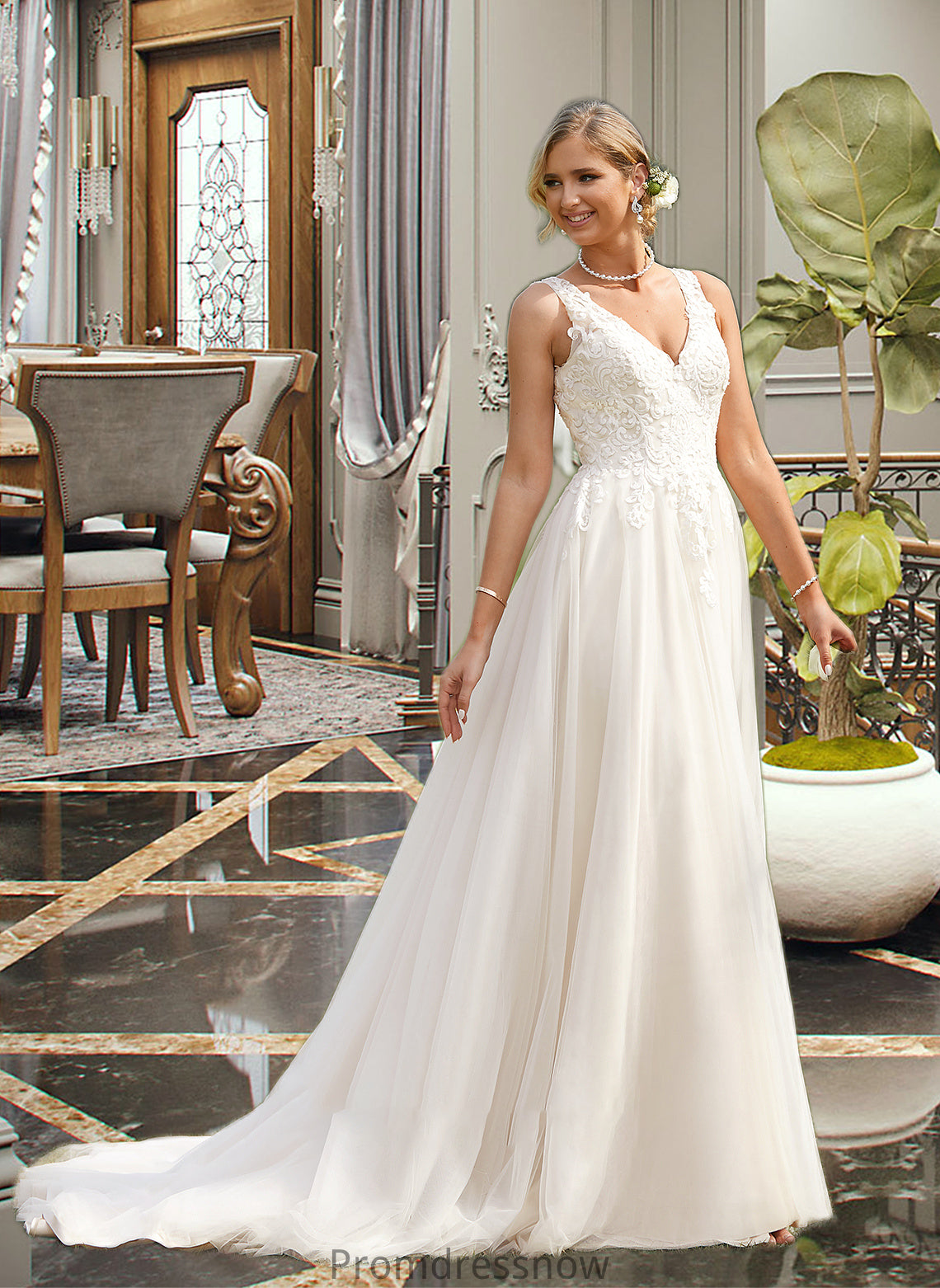 Jaylin Ball-Gown/Princess V-neck Court Train Tulle Wedding Dress HPP0013682