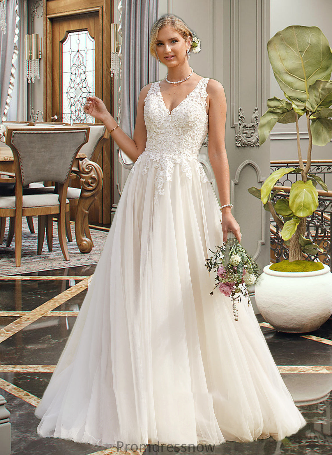 Jaylin Ball-Gown/Princess V-neck Court Train Tulle Wedding Dress HPP0013682