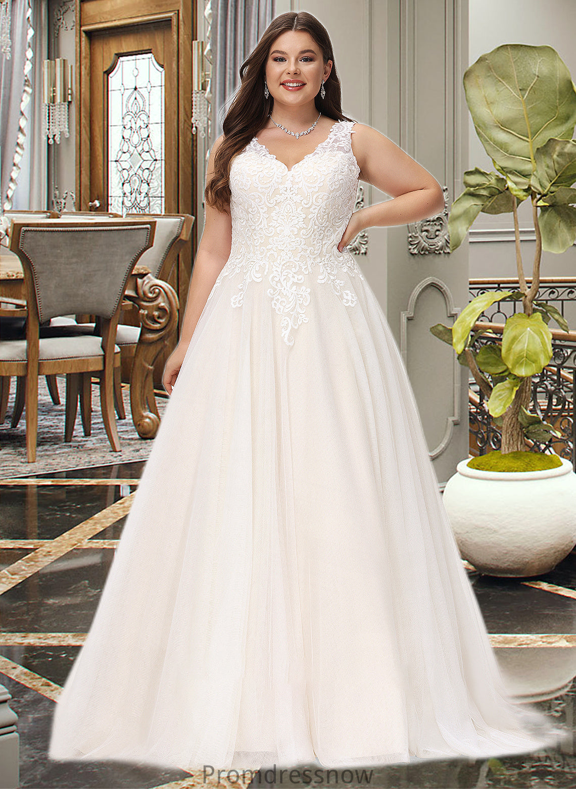 Jaylin Ball-Gown/Princess V-neck Court Train Tulle Wedding Dress HPP0013682