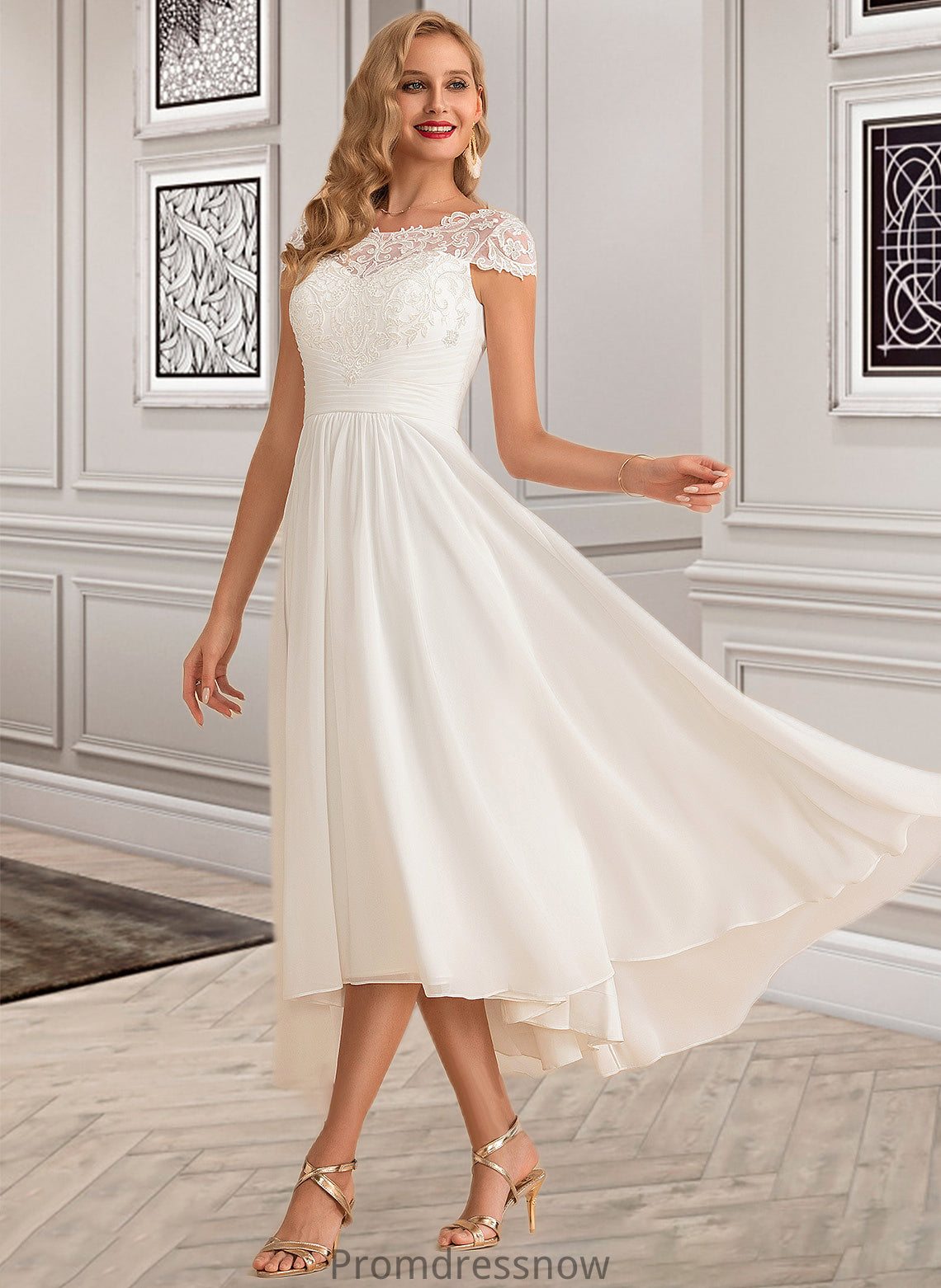 Lena A-Line Scoop Neck Asymmetrical Chiffon Wedding Dress HPP0013683