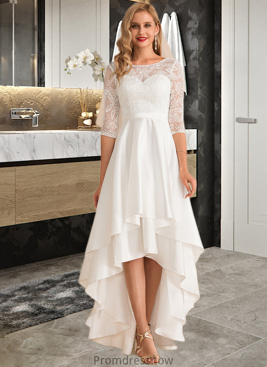 Laylah A-Line Scoop Neck Asymmetrical Satin Lace Wedding Dress HPP0013684