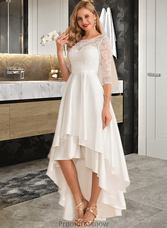 Laylah A-Line Scoop Neck Asymmetrical Satin Lace Wedding Dress HPP0013684