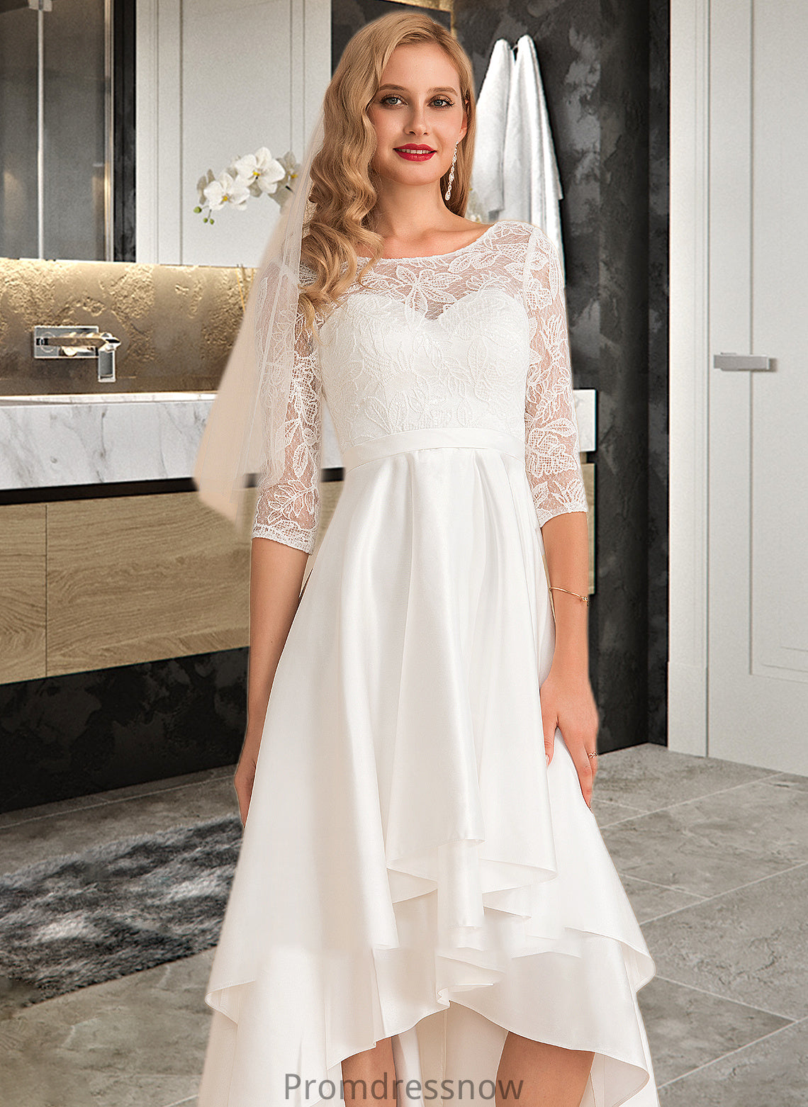 Laylah A-Line Scoop Neck Asymmetrical Satin Lace Wedding Dress HPP0013684