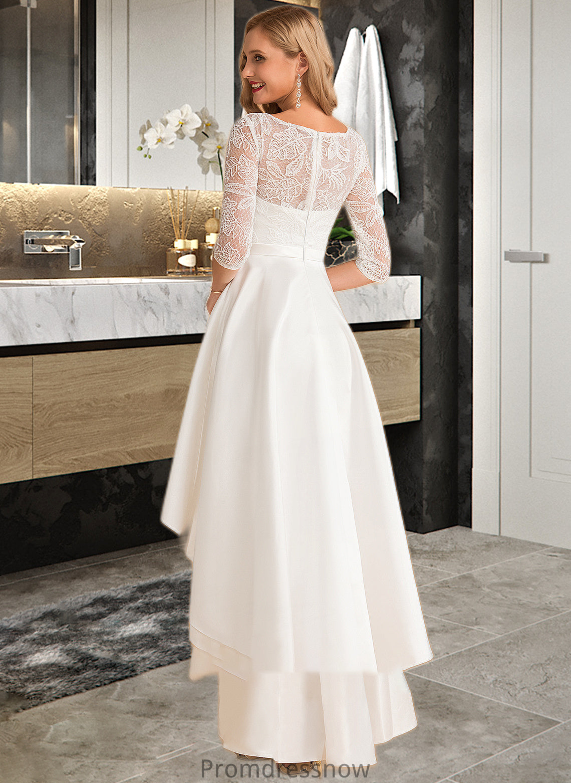 Laylah A-Line Scoop Neck Asymmetrical Satin Lace Wedding Dress HPP0013684