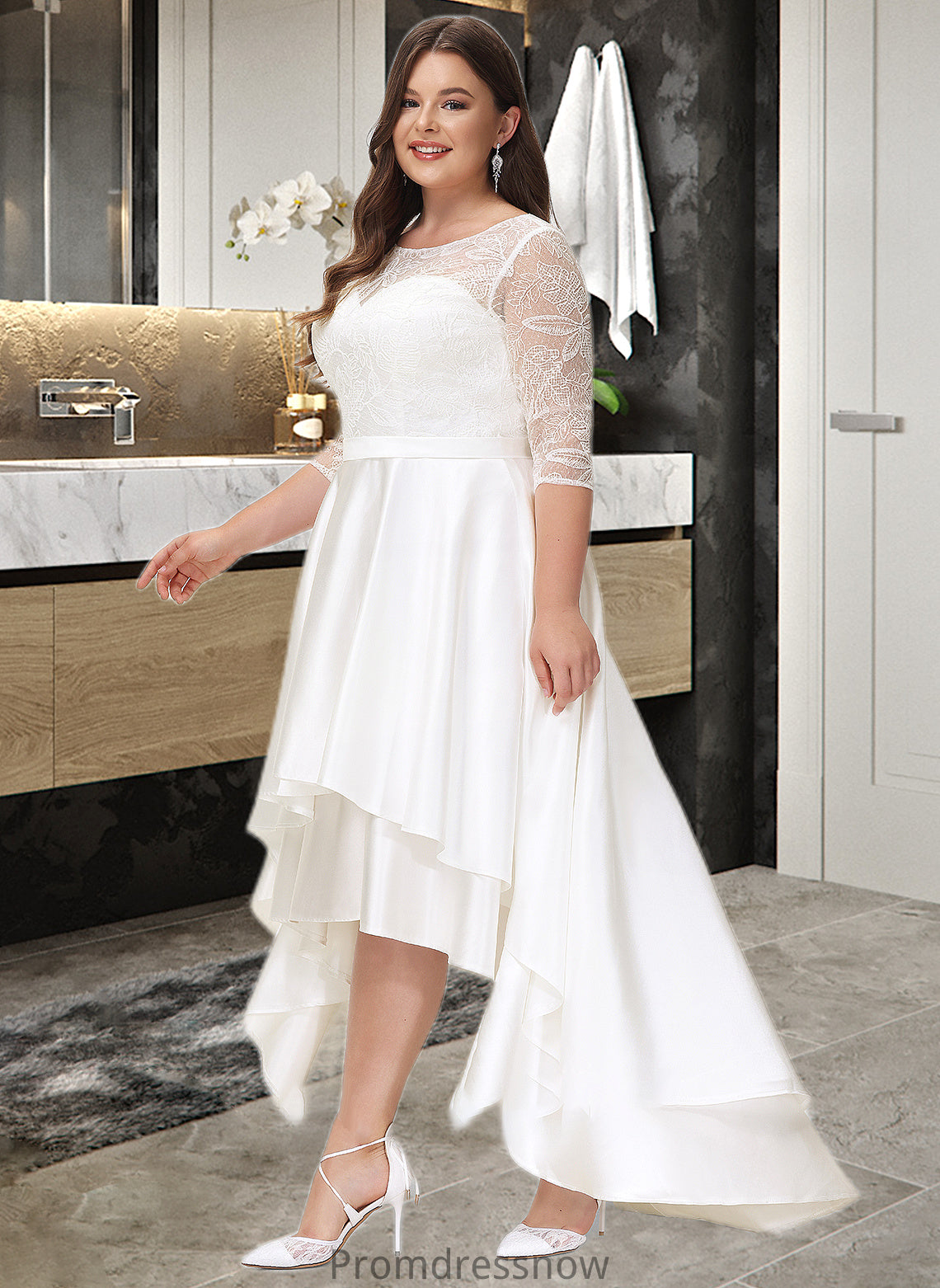 Laylah A-Line Scoop Neck Asymmetrical Satin Lace Wedding Dress HPP0013684