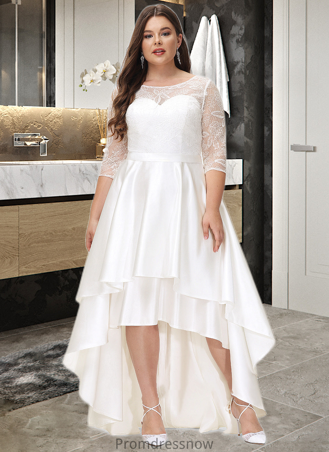 Laylah A-Line Scoop Neck Asymmetrical Satin Lace Wedding Dress HPP0013684