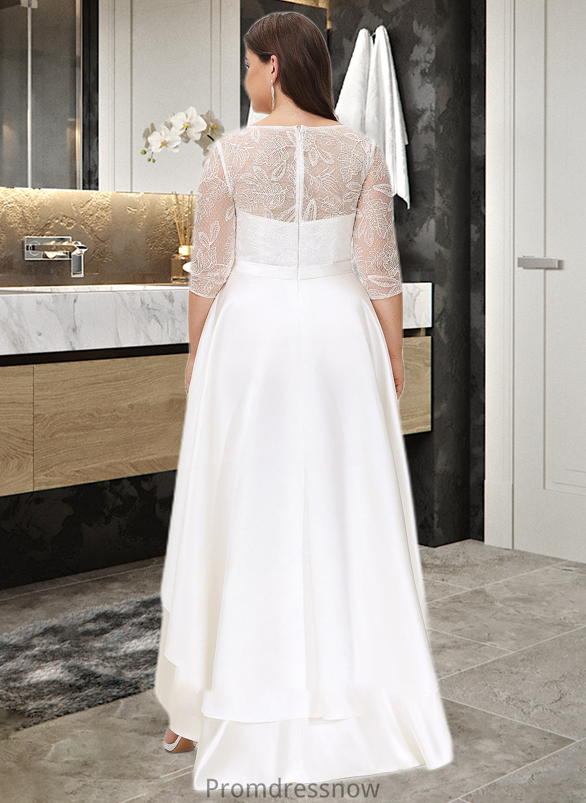 Laylah A-Line Scoop Neck Asymmetrical Satin Lace Wedding Dress HPP0013684