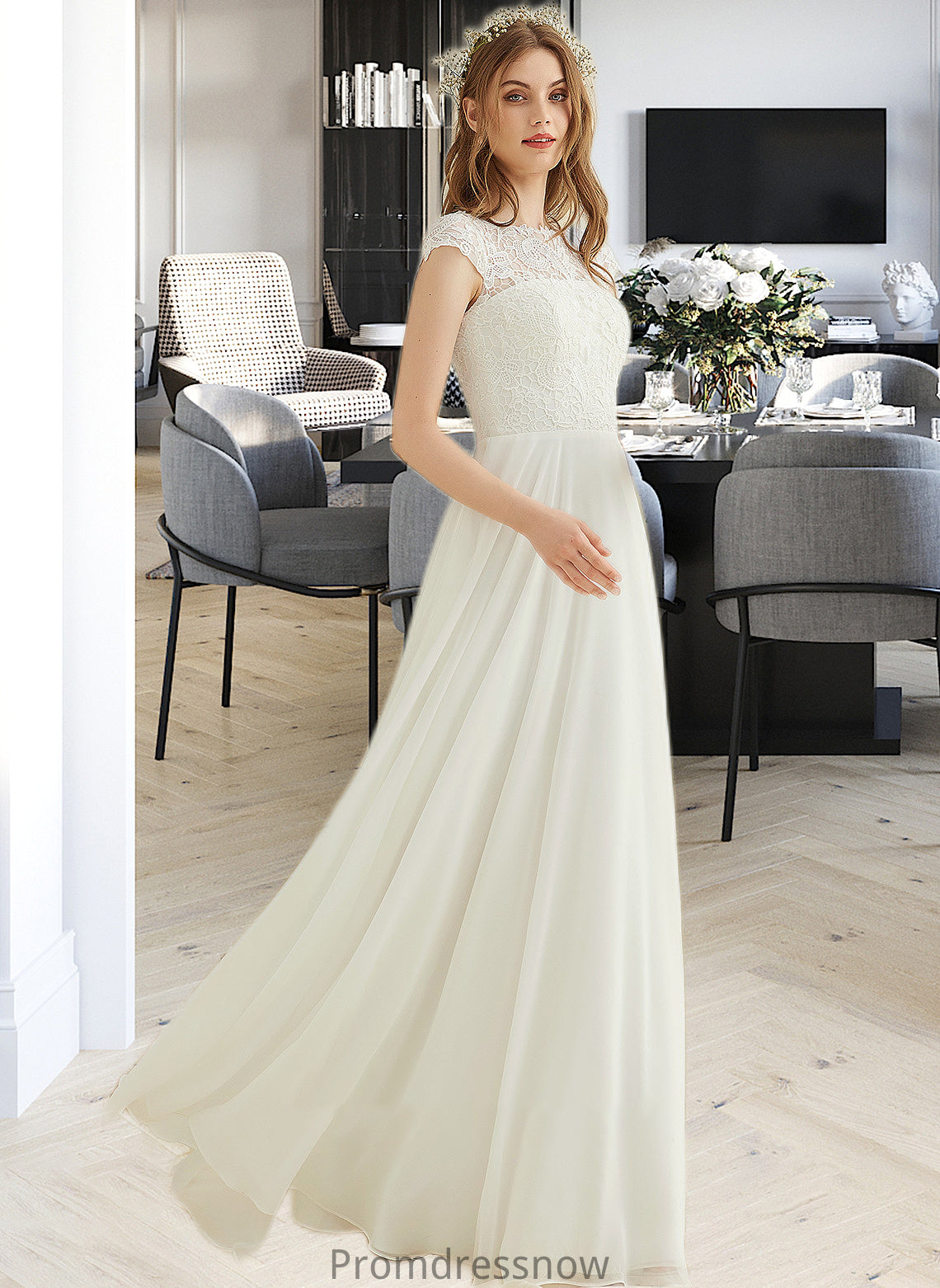 Sophie A-Line Floor-Length Chiffon Lace Wedding Dress HPP0013687