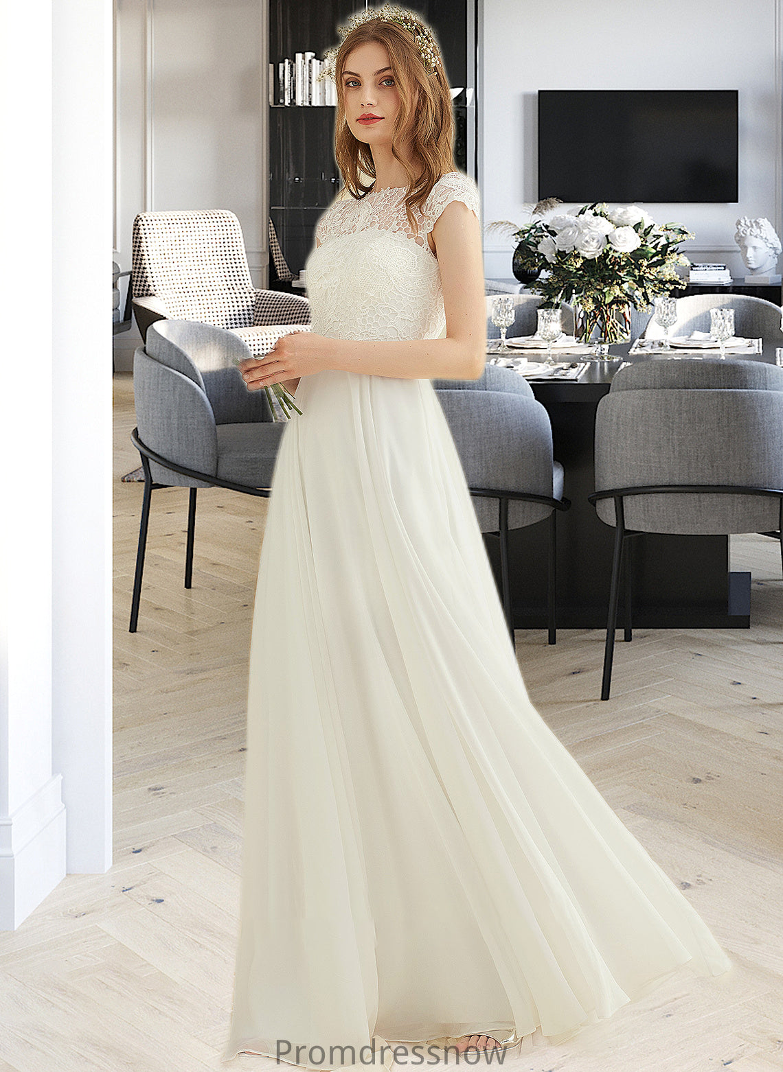 Sophie A-Line Floor-Length Chiffon Lace Wedding Dress HPP0013687