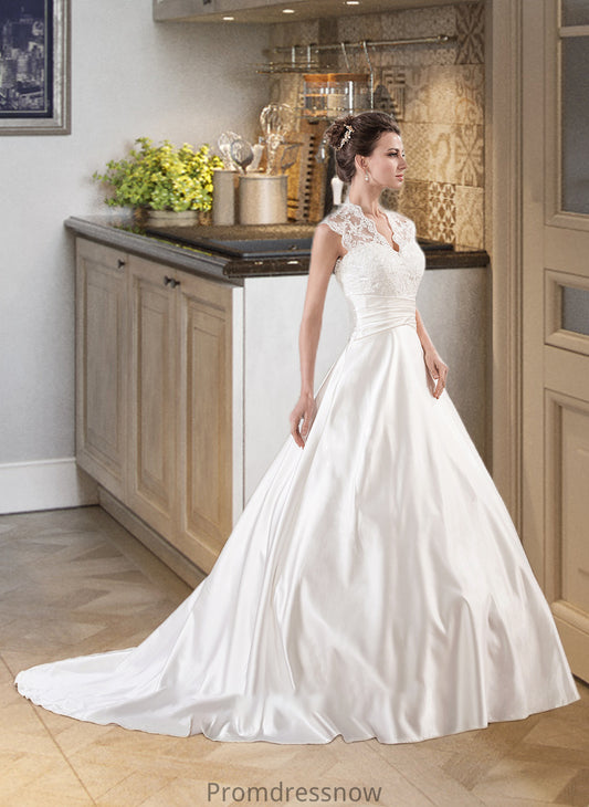 Regina Ball-Gown/Princess V-neck Court Train Satin Lace Wedding Dress With Ruffle HPP0013688