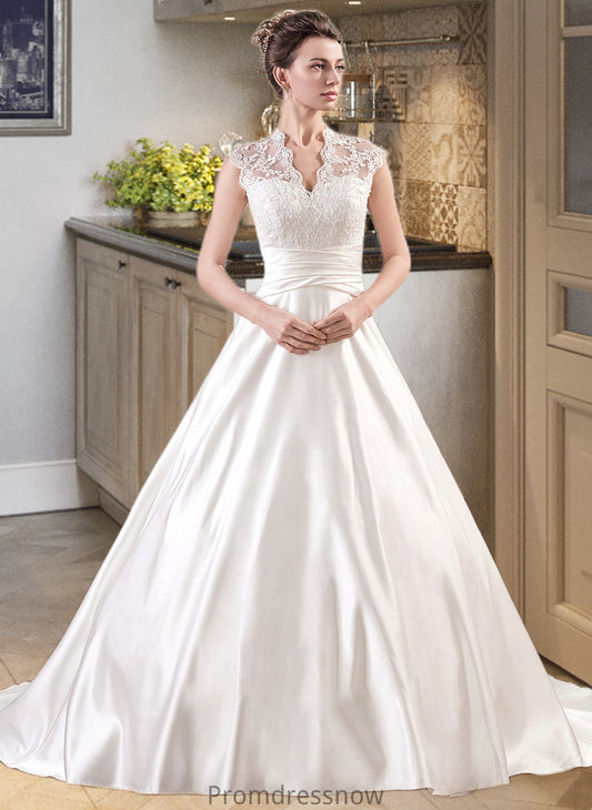 Regina Ball-Gown/Princess V-neck Court Train Satin Lace Wedding Dress With Ruffle HPP0013688