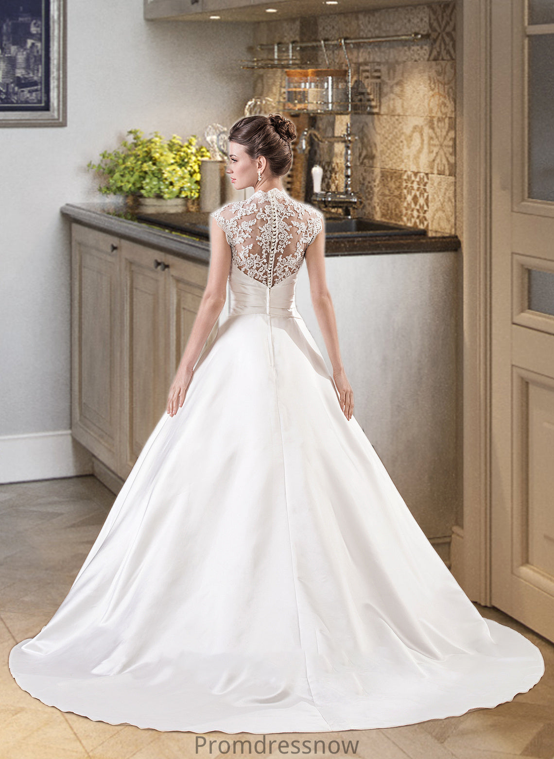 Regina Ball-Gown/Princess V-neck Court Train Satin Lace Wedding Dress With Ruffle HPP0013688