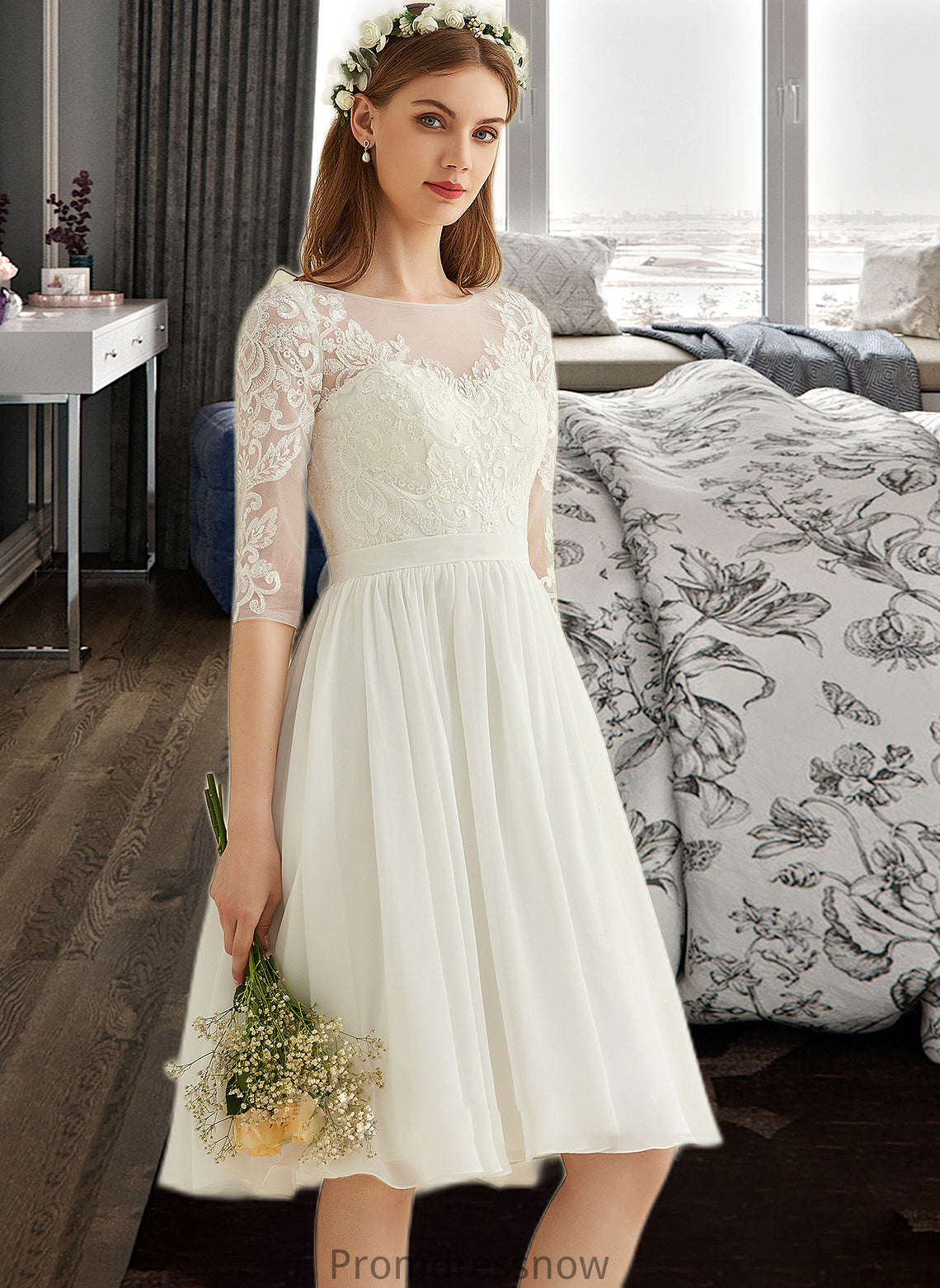 Mariela A-Line Knee-Length Chiffon Lace Wedding Dress With Sequins HPP0013689