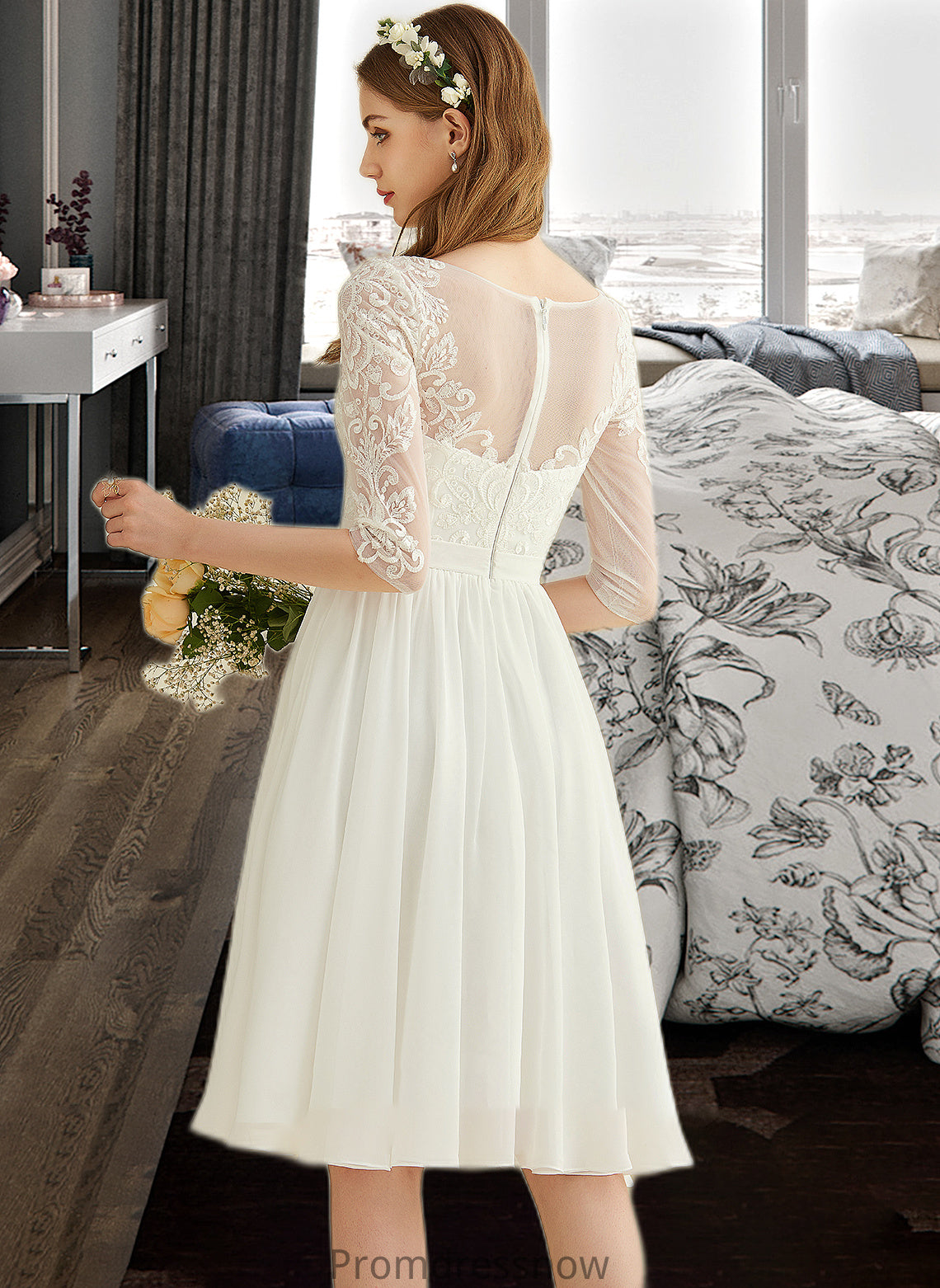 Mariela A-Line Knee-Length Chiffon Lace Wedding Dress With Sequins HPP0013689