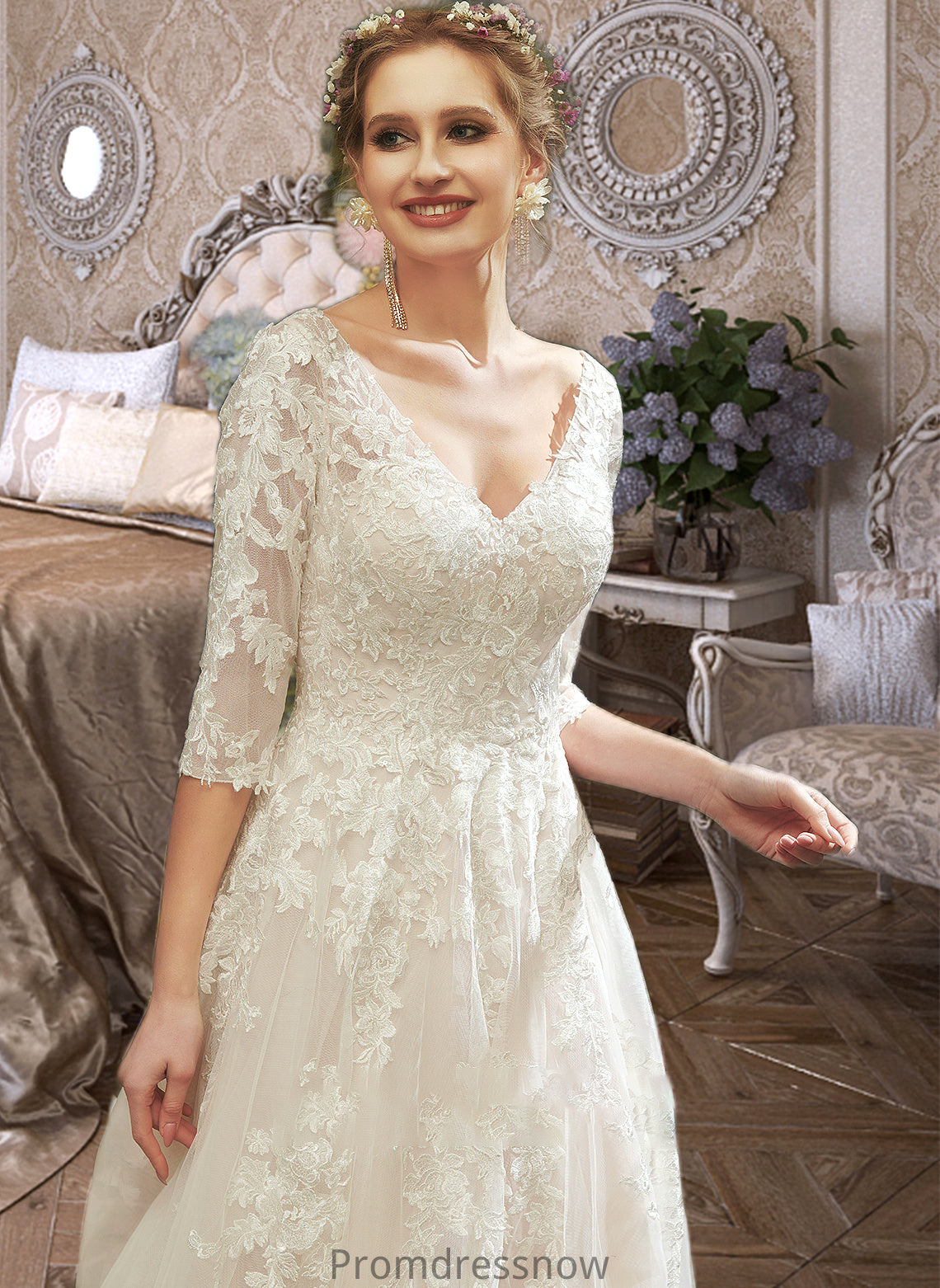 Kianna A-Line V-neck Court Train Wedding Dress With Sequins HPP0013690