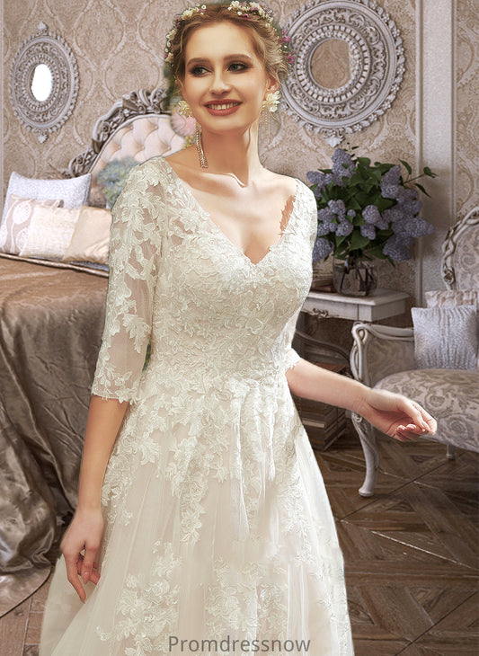 Kianna A-Line V-neck Court Train Wedding Dress With Sequins HPP0013690