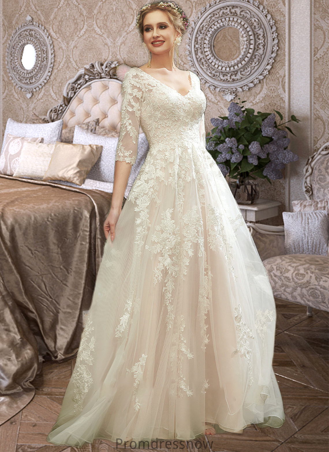 Kianna A-Line V-neck Court Train Wedding Dress With Sequins HPP0013690