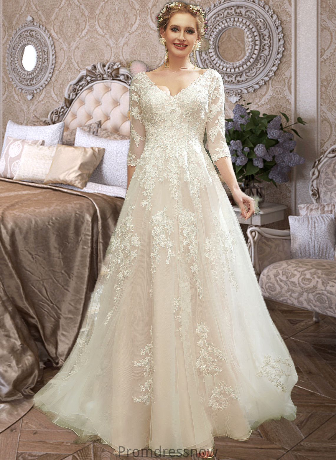 Kianna A-Line V-neck Court Train Wedding Dress With Sequins HPP0013690