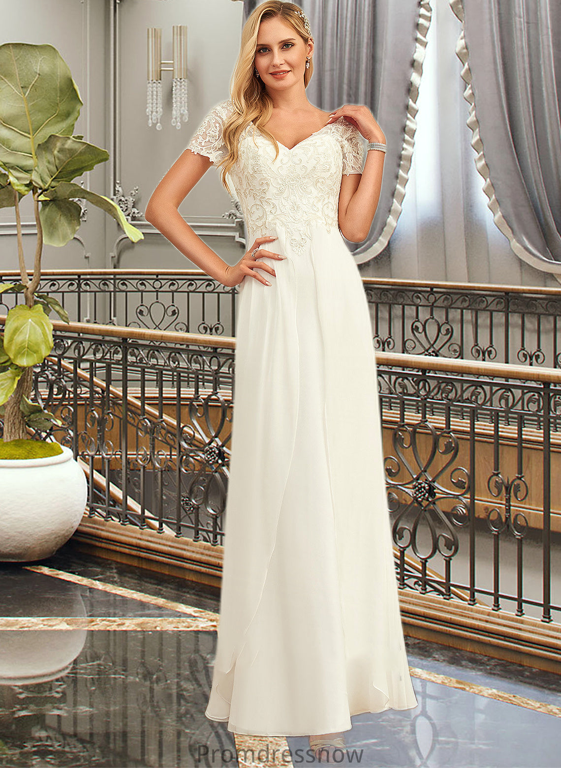 Cristina A-Line V-neck Floor-Length Chiffon Lace Wedding Dress With Lace HPP0013691