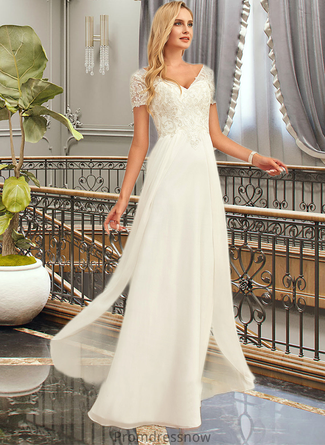 Cristina A-Line V-neck Floor-Length Chiffon Lace Wedding Dress With Lace HPP0013691