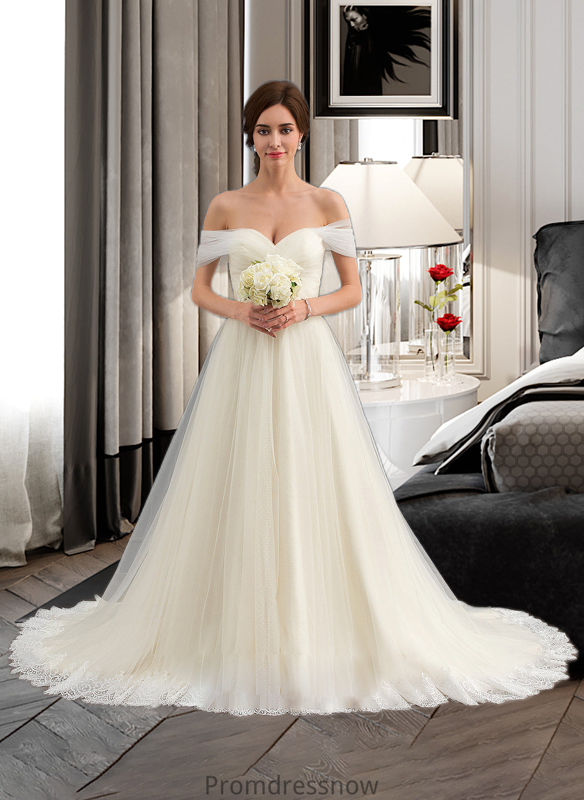 Skye Ball-Gown/Princess Off-the-Shoulder Court Train Tulle Lace Wedding Dress With Ruffle HPP0013692