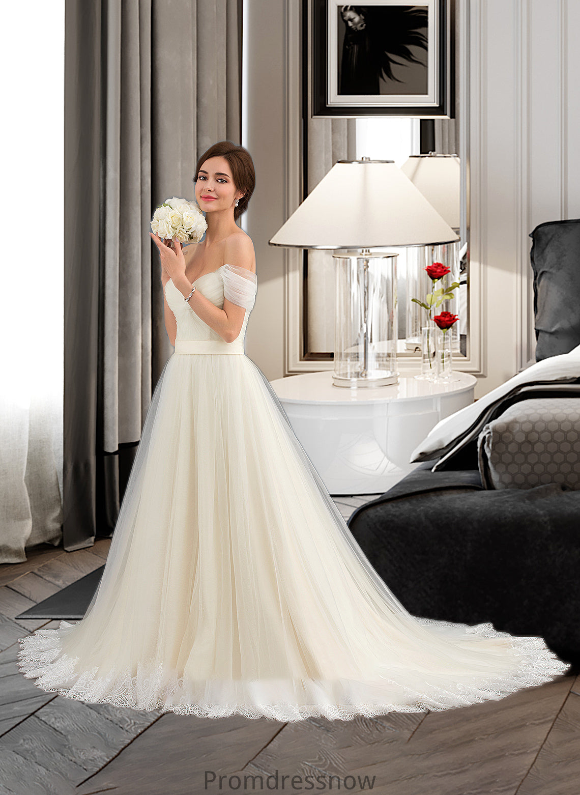 Skye Ball-Gown/Princess Off-the-Shoulder Court Train Tulle Lace Wedding Dress With Ruffle HPP0013692