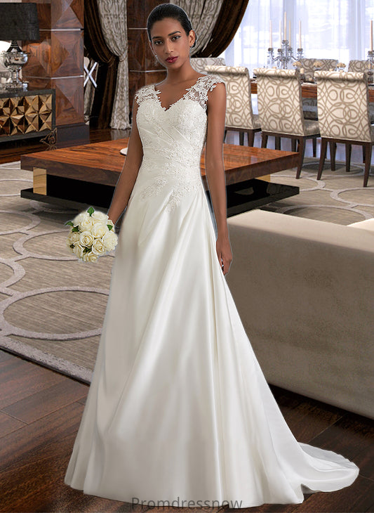 Melany Ball-Gown/Princess V-neck Sweep Train Satin Wedding Dress With Ruffle Beading Sequins HPP0013693